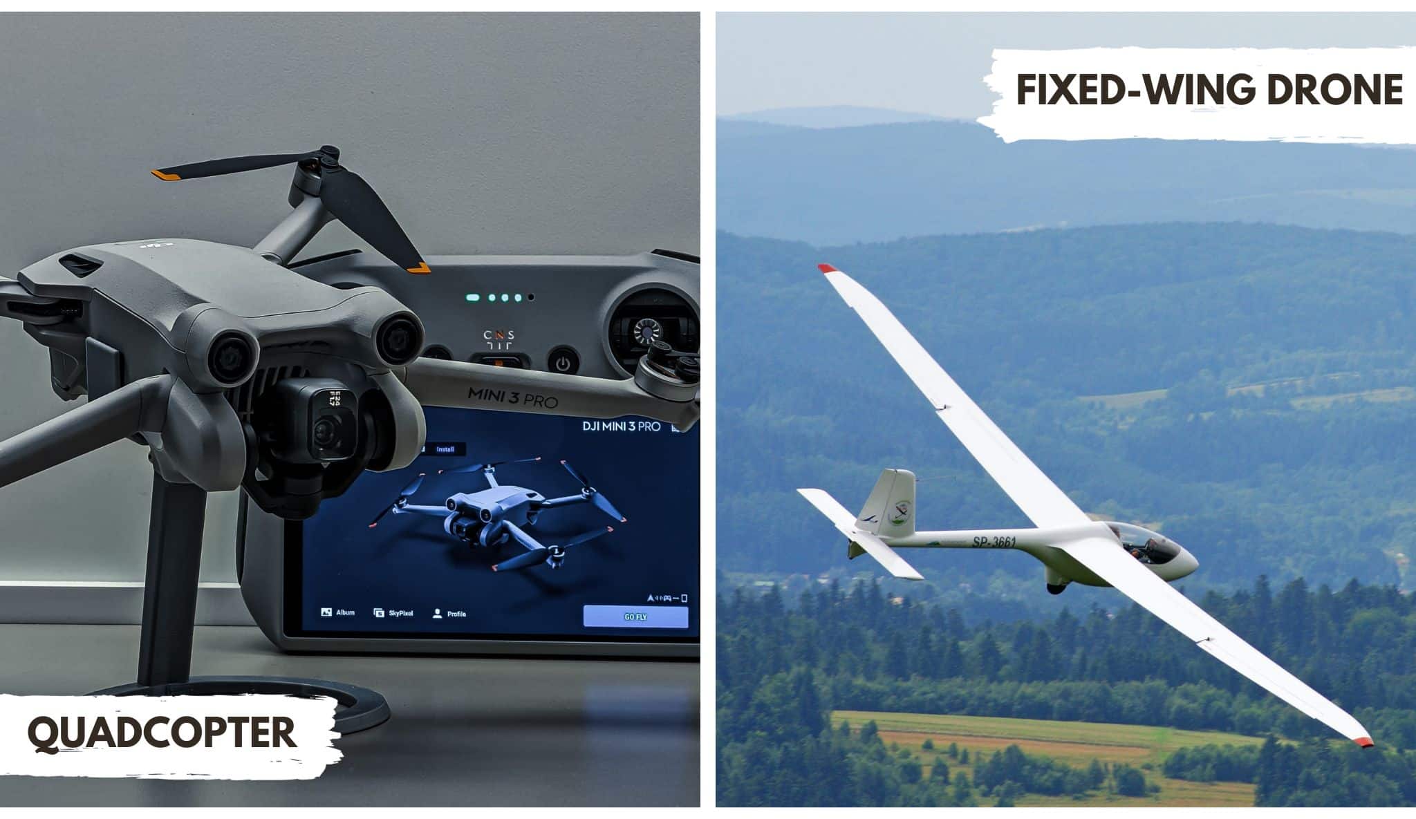close-up images of a quadcopter and fixed-wing drone