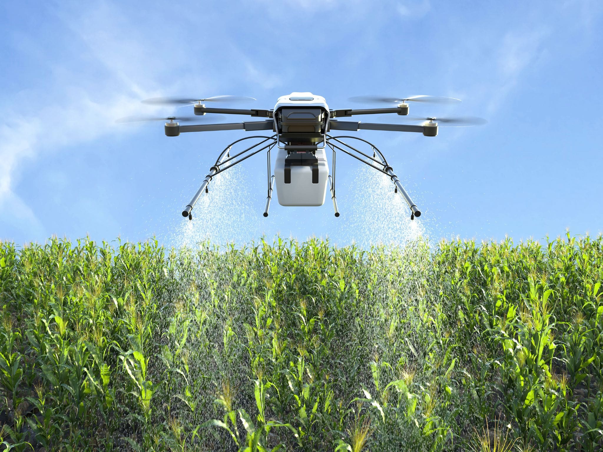 Drones spraying water on crops