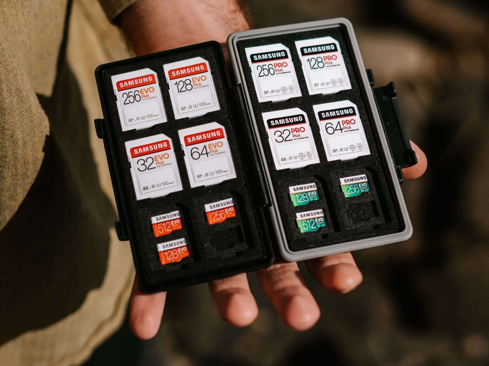 Hand holding a case with several SD cards