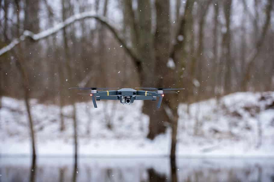 Drone flying in snowy weather